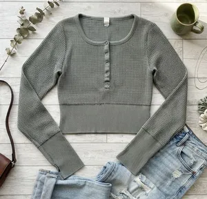 OFFLINE by Aerie Waffle Knit Henley Crop Top Sage Green XS‎ Thumbholes Thermal thumbnail 1