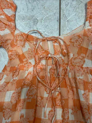 Olivaceous Orange White Floral Check Puff Sleeve Midi Dress Tie Front Size S NWT thumbnail 4