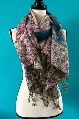Blue patterned scarf with gold accent threads thumbnail 1