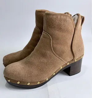 UGG Cam II Ankle Boots Chestnut Suede Shearling Lined Clog Heel Brass Studs 7 thumbnail 1