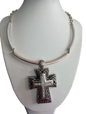 Silver Tone Cross Pendant Necklace Clear Rhinestone Articulated Chain Adj 19" thumbnail 1