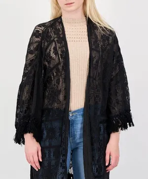 Aerie Crochet Lace Fringe Hem Kimono Women’s M/L Black Floral Swim Coverup Boho thumbnail 1
