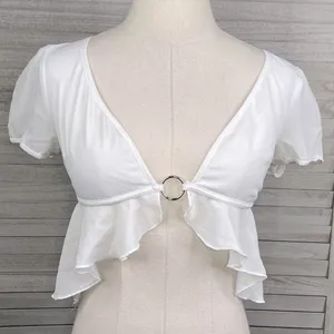 TIGER MIST Sheer White Crop Top Flutter Hem & Ring Front-Small thumbnail 1