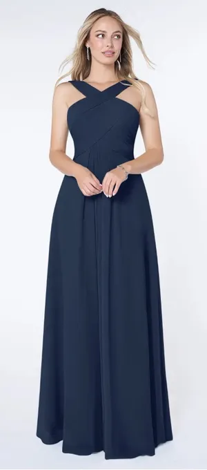 NWT Azazie Kaleigh Dark Navy Blue A-Line Pleated Chiffon Bridesmaid Maxi Dress 6 thumbnail 1