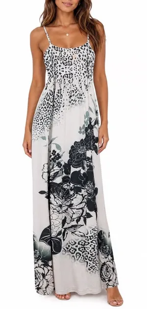Ocean Blue Leopard Floral Maxi Dress XL White Black Smocked Spaghetti Strap thumbnail 1