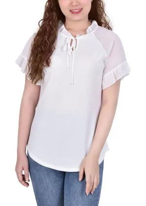 NWT Ny Collection Chiffon Short Ruffled Sleeve Crepe Knit Top PCKU2470 PL White thumbnail 1