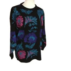 Vintage 80s Sparkly Floral Sweater Black Purple Teal Oversized Retro Cozy thumbnail 2