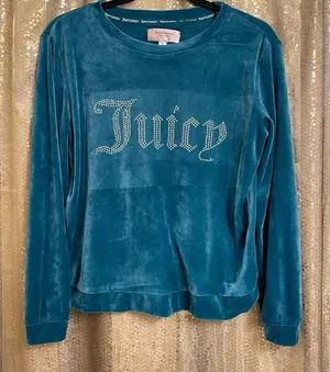 Juicy Couture Women’s Small Velour Velvet Teal Rhinestone Pullover Sleepwear Swe thumbnail 1
