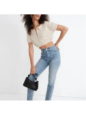 Madewell Ruffle Collared Crop Top in Wet Sand - Size S thumbnail 2