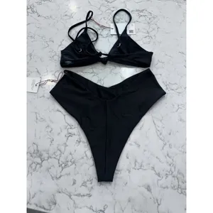 NWT Quince Black Knot Tie Bikini Top & Italian V Cut High Leg Bottom Set Medium thumbnail 2
