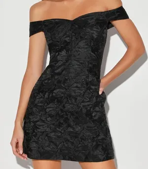 Lulus *NWT* Black Jacquard Satin Off-The-Shoulder Dress thumbnail 1