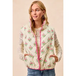 BiBi Floral Print Piping Detail Quilted Vest - Cream/Pink - Medium thumbnail 6