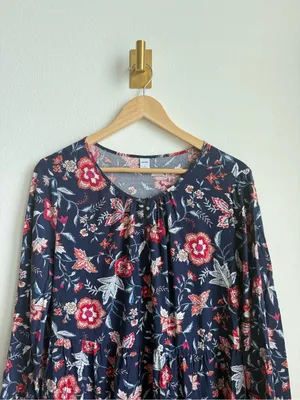 Old Navy Navy Floral Peasant Dress Women's Large Boho Keyhole Rayon Mini thumbnail 4