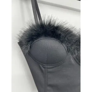 Say What Black Faux Fur Feathers Trim Bustier Crop Top Corset Padded Large NEW thumbnail 7