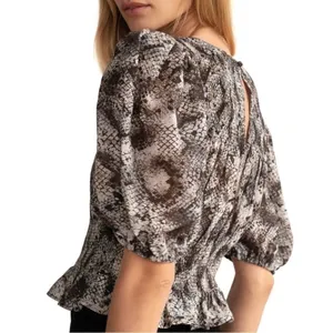 Free People NWOT Black Snakeskin XOXO Smocked Blouse Size Large thumbnail 2
