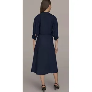 Donna Karan New York Women's Collared 3/4-Sleeve Midi Dress Size 6 Navy Linen thumbnail 4