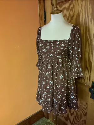 Blue Rain Floral Babydoll Mini Dress Medium Cottagecore Brown Sheer Sleeve thumbnail 7