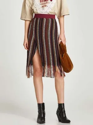 Zara Burgundy Waist Striped Fringe Midi Skirt thumbnail 2