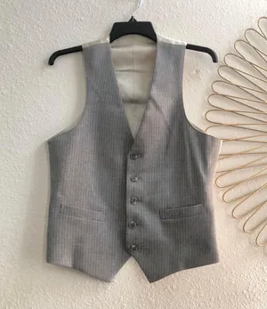 Vintage Grey White Striped Office Siren Corporate Fitted Jacket Vest Waistcoat button front Measurement in pics thumbnail 1