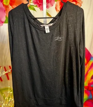 B79. Victoria's Secret black long sleeve top with "Love" embroidery. Size L thumbnail 1
