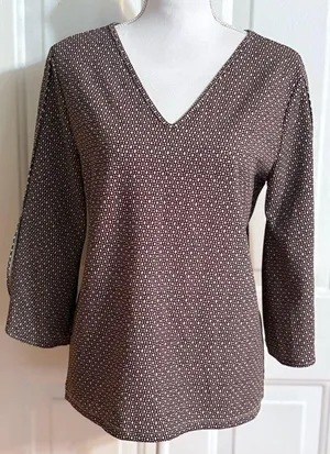 Ann Taylor Womens Blouse Brown Stretch Geometric Long Split Hem Sleeve Top M thumbnail 1