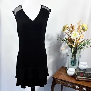 Sandro Paris Black Mesh Shoulder Tiered Ruffle Hem Mini Dress Sz 3 / L 💛 thumbnail 3