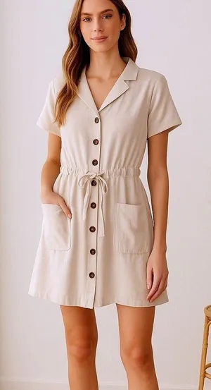 ModCloth Linen Blend Shirt Dress 1X Coastal Soft‎ Girl Minimalist Beige Pockets thumbnail 1
