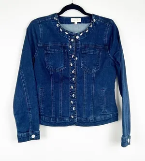 Laura Embellished Jewel Denim Top‎ Blue Snap Front Jacket Sz 4 thumbnail 1