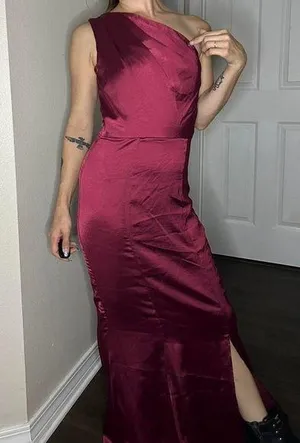 Burgundy one shoulder formal maxi dress thumbnail 1