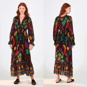Farm Rio Black Tropical Toucan Floral V-Neck Maxi Dress XS Long Puff Sleeve Boho thumbnail 3