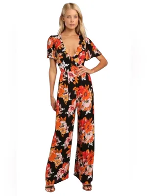 Lulu's Black Floral Wide-Leg Open-Back Jumpsuit size XS thumbnail 4