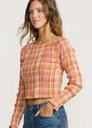 NWT Billabong Check Me Out Crop Top Plaid Smocked Long Sleeve Sunburnt Orange L thumbnail 1