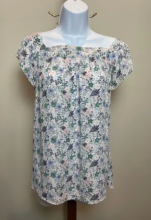 LOFT Square Neck Flutter Sleeve Top Size L White Floral thumbnail 1