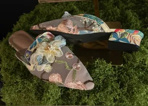 Embroidered Pointed Slip-On Mules in Taupe with Floral Accents thumbnail 1