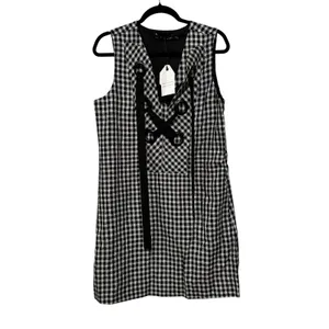 English Factory Check‎ Sleeveless Grommet Mini Dress Black White HN1644D Large thumbnail 2