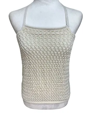 Garage Halter Top Cream Silver Metallic Crochet Open Knit Y2K Boho Festival M thumbnail 1