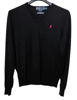 Polo by Ralph Lauren Vintage Black & Red Custom Fit Merino Wool V-Neck Sweater Sz L thumbnail 1