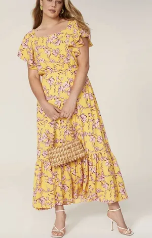 Anthropologie Sachin & Babi Yellow Flutter Sleeve Floral Print Maxi Dress Size 8 thumbnail 1