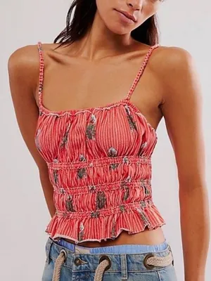 Free People Dolce Vita Red Floral Block Print Ruched Top thumbnail 3