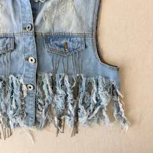 Spoon Jeans Denim Vest Women XL Blue Distressed Rhinestone Fringe Western Crop thumbnail 11