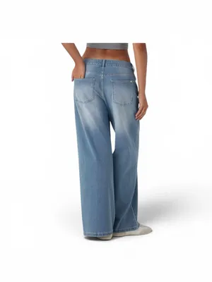 Halara Flex Asymmetric Low Rise Baggy Jean Sz SP Wide Leg Med Wash Casual thumbnail 2