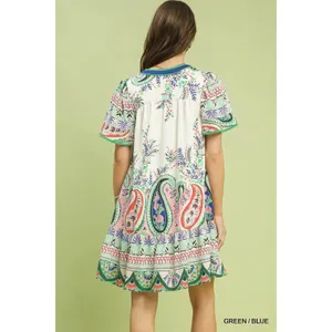 Umgee Paisley Flutter Sleeve Mini Dress - Green/Blue - Small thumbnail 3