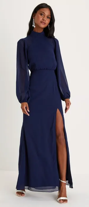 NWT Lulus Graceful Entrance Chiffon Long Sleeve Backless Maxi Dress M Navy Blue thumbnail 1