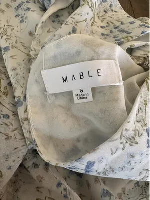 MABLE Ruffle Ivory / Blue Floral Puff Sleeve Rouched Mini Dress Women’s Small thumbnail 6