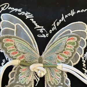 Aelfric Eden Butterfly embroidered Tee shirt with string Pearls, Black, XS, NWT thumbnail 7