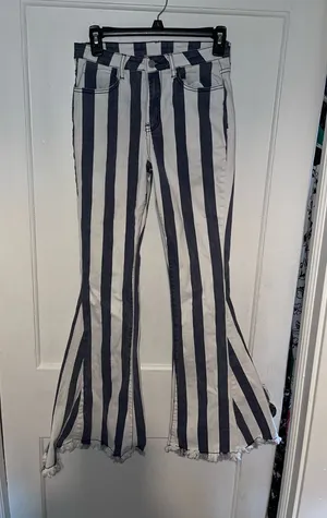 Saints & Hearts Striped High-Waist Flared White & Navy Jeans - Sz Small thumbnail 1