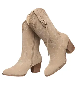 SHIBEVER Suede Mid-Calf Cowboy Boots Tan Western Block Heel Size 40 / US 8.5 thumbnail 1