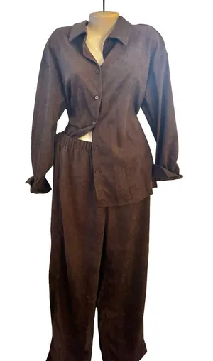 Corduroy Women's Brown Two-Piece Baggy Button Shirt & Wide-Leg Pants Set thumbnail 1