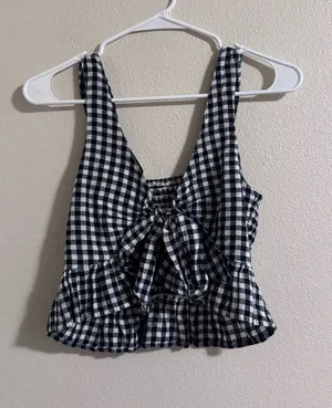 American Eagle Outfitters Black and White Gingham Tie-Back Crop Top thumbnail 1