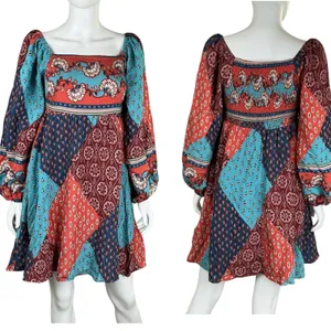 Merci Patchwork Square Neck Long Sleeve Mini Dress Blue Orange‎ M thumbnail 3